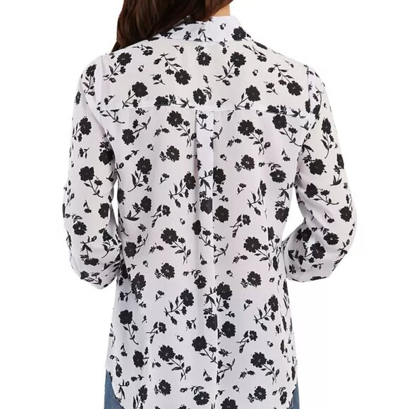 BCX Size L White with Black Floral Print Button Front Blouse, Exc. Used Cond. - Picture 3 of 15